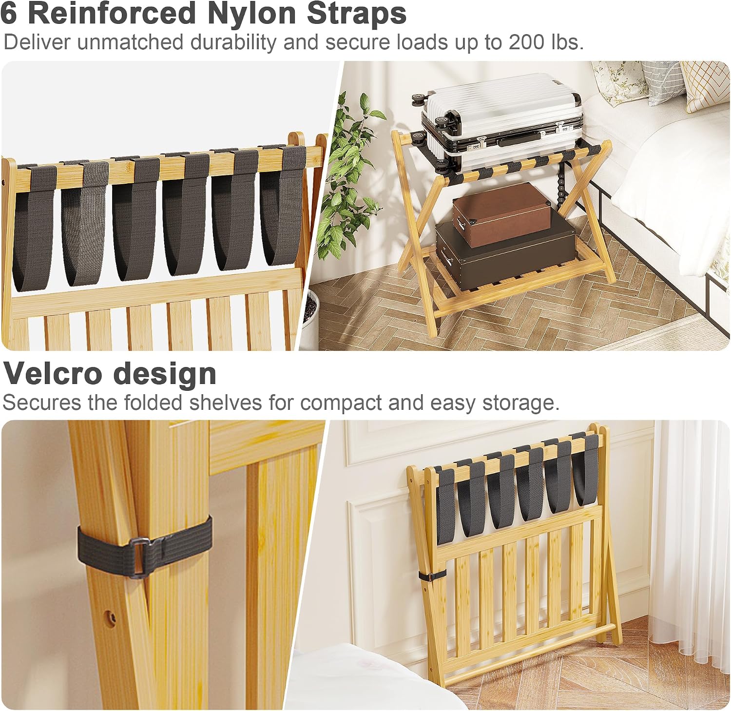 BAMBOOHOMIE Bamboo Luggage Rack for Guest Room, Wide Suitcase Stand with Storage Shelf, Folding Luggage Stand Holder for Bedroom Hotel, 26.77" Thickened Luggage Rack for Suitcases, Natural