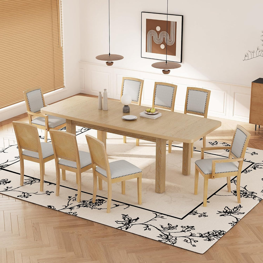 9-Piece Dining Table Set, Extendable 84", 6 Chairs + 2 Armchairs