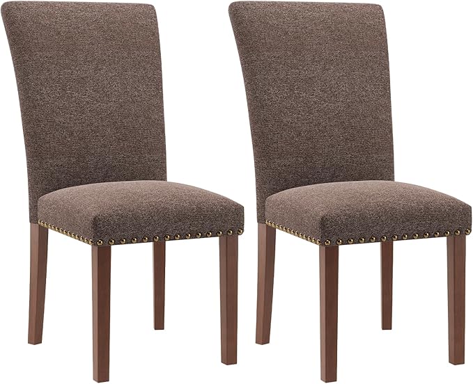 Stylish Dining Chairs Set of 2, Upholstered Parsons Dining Room Chair with Nailhead Trim, Kitchen Room Chair with Thick Cushions and Wood Legs, Nailhead Trim, Brown