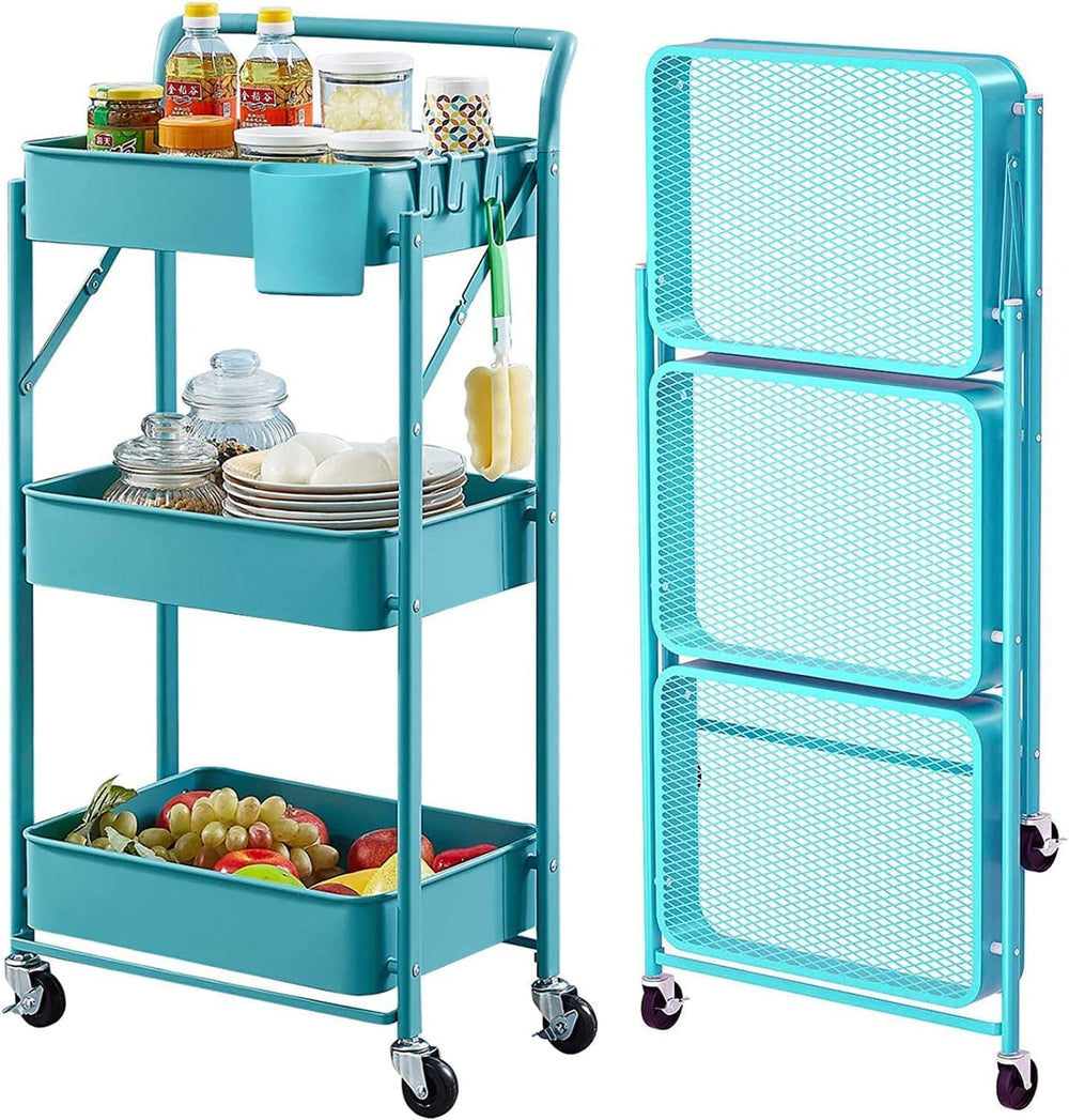 BEEY Foldable Metal Storage Cart Rolling Baskets with Wheels, No Assembly, Me...
