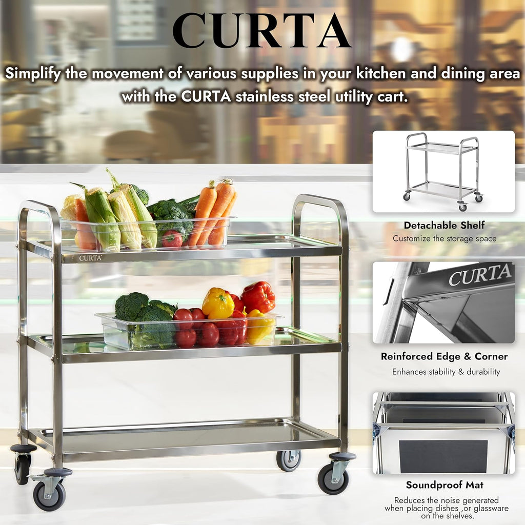 CURTA Stainless Steel Serving Trolley, 34" L x 18" W x 36" H 3 Tiered Shelf Kitchen Utility Cart, Rolling Casters Brake Wheel, Commercial Pro for Restaurant/Hotel/Lab/Clinic/Salon/Workshop