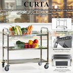 CURTA Stainless Steel Serving Trolley, 34" L x 18" W x 36" H 3 Tiered Shelf Kitchen Utility Cart, Rolling Casters Brake Wheel, Commercial Pro for Restaurant/Hotel/Lab/Clinic/Salon/Workshop