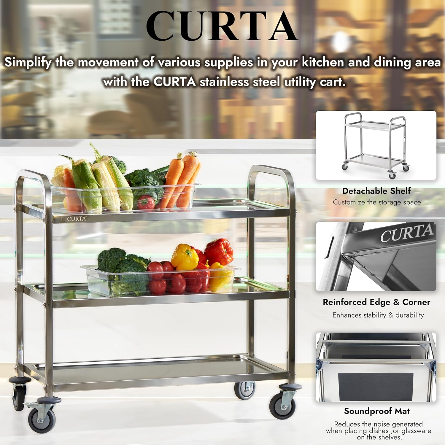 CURTA Stainless Steel Serving Trolley, 34" L x 18" W x 36" H 3 Tiered Shelf Kitchen Utility Cart, Rolling Casters Brake Wheel, Commercial Pro for Restaurant/Hotel/Lab/Clinic/Salon/Workshop