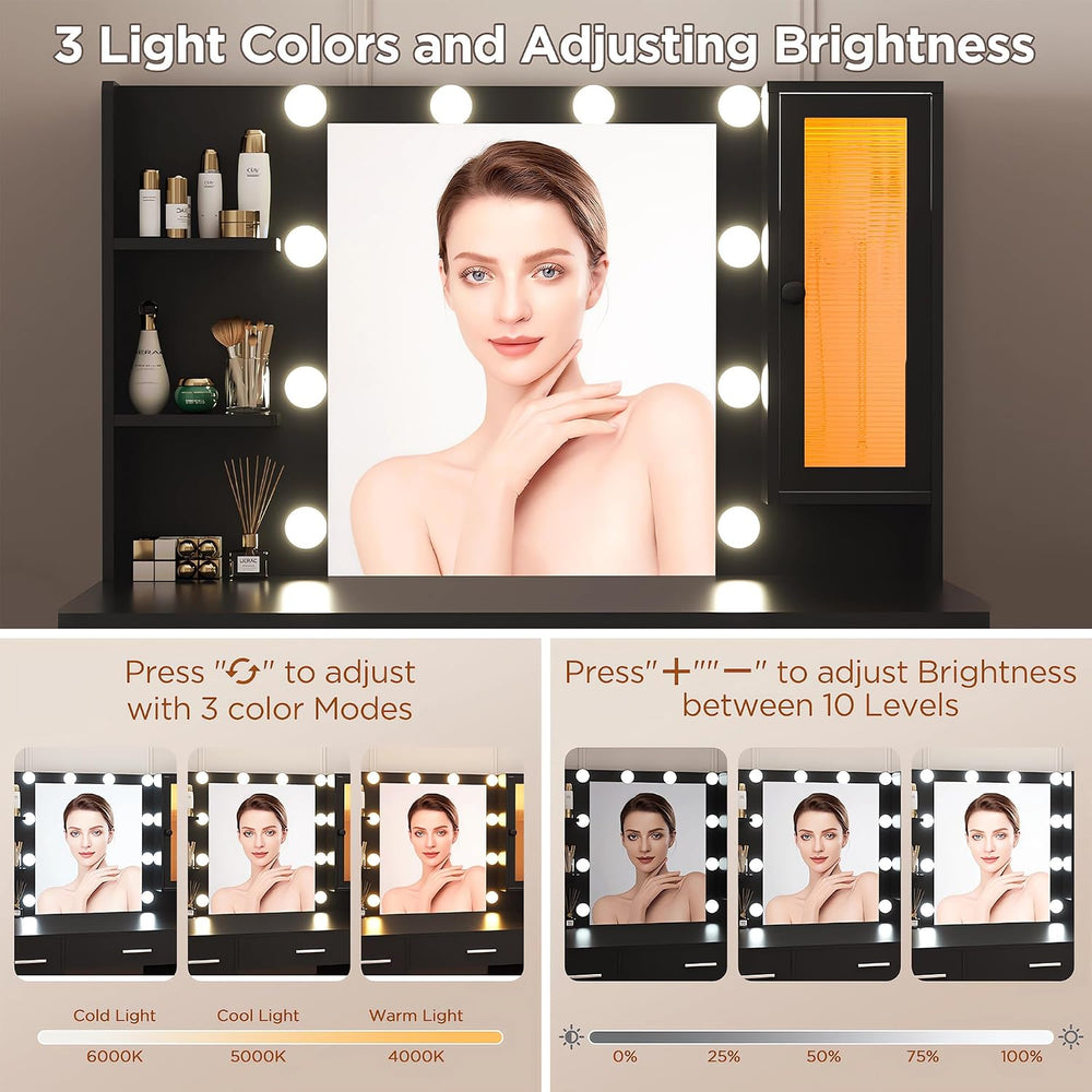 ERLEJIA Vanity Desk with Mirror and Lights, 43" Large Makeup Dressing Ta...