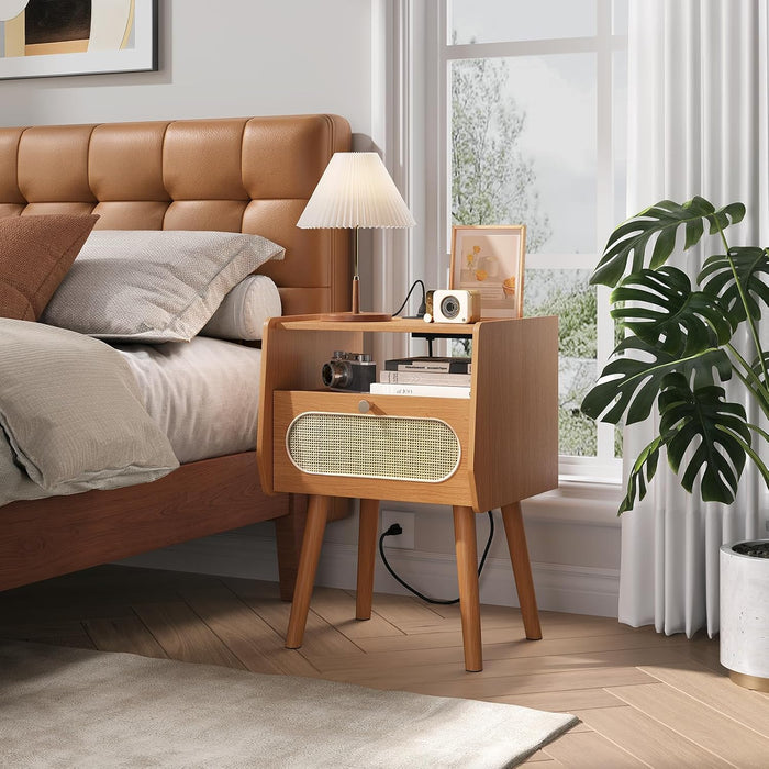 Nightstands Set of 2,Mid Century Modern Side Table with Charging Station & Rattan Drawer,Bedroom End Tables with Solid Wood Legs,Cherry