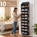 10-Tier Over The Door Organizer with 4 Anti-Scratch Silicone Hooks & 10 Side Pockets, Hanging Shoe Organizer for Closet (20 Pairs), Behind the Door Storage