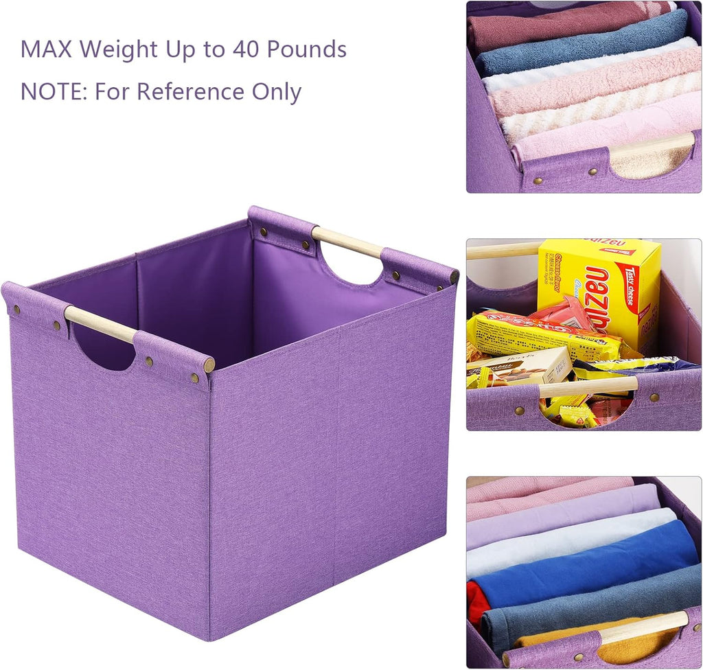 HOONEX Large Foldable Storage Bins, Linen Fabric, Pack of 2, Storage Baskets with Wooden Carry Handles and Sturdy Heavy Cardboard, for Home, Office, Car, Nursery, Purple