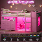 Low Loft Bed Twin Size with 13 Storage Drawers & Bookshelf, Twin Loft Bed with RGB LED Lights & Power Outlets, Metal Loft Bed with Safety Guardrail & Under-Bed Play Space, Pink