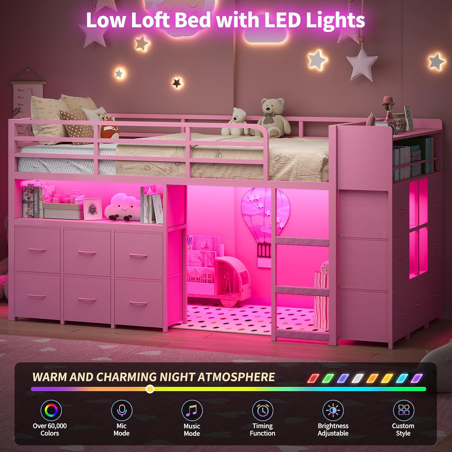 Low Loft Bed Twin Size with 13 Storage Drawers & Bookshelf, Twin Loft Bed with RGB LED Lights & Power Outlets, Metal Loft Bed with Safety Guardrail & Under-Bed Play Space, Pink