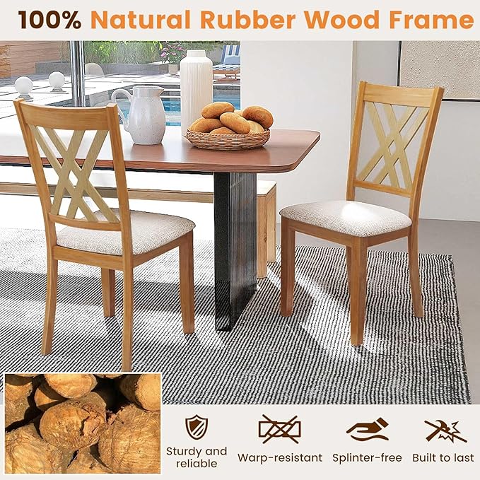 Giantex Wooden Dining Chairs Set of 4, Linen Fabric Upholstered Kitchen Chair w/Rubber Wood Frame, Wide Padded Seat, Curved Cross Back, Farmhouse Side Chairs for Dining Living Room Restaurant