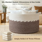 OIAHOMY 90L Extra Large Blanket Basket - Decorative Cotton Rope Storage Basket for Bedroom, Living Room & Nursery - Woven Laundry Hamper for Organizing Blankets, Clothes & Toys - Brown & White