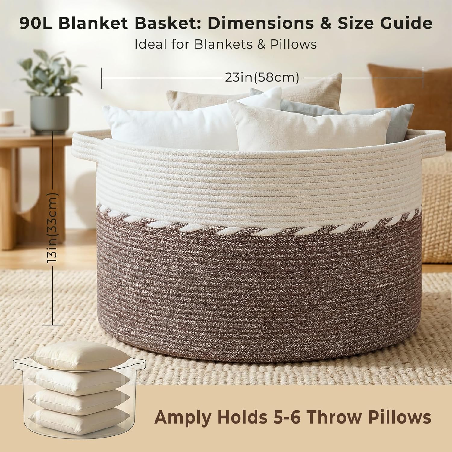 OIAHOMY 90L Extra Large Blanket Basket - Decorative Cotton Rope Storage Basket for Bedroom, Living Room & Nursery - Woven Laundry Hamper for Organizing Blankets, Clothes & Toys - Brown & White