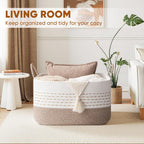 OIASKET 75L Large Cotton Rope Storage Basket, Soft Decorative Blanket Basket for Living Room & Bedroom, Boho Laundry Hamper with Handles Capable of Holding Pillows, Clothes and Toys-Brown & White