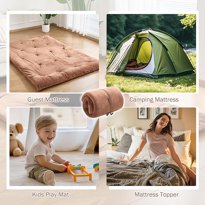 Japanese Floor Futon Mattress Queen Size 60"x 80", 2.5'' Thick Foldable Roll Up Floor Bed Sleeping Pad, 25D Foam Filled Tatami Mat with Straps for Guest Room, Dormitory & Camping, Brown