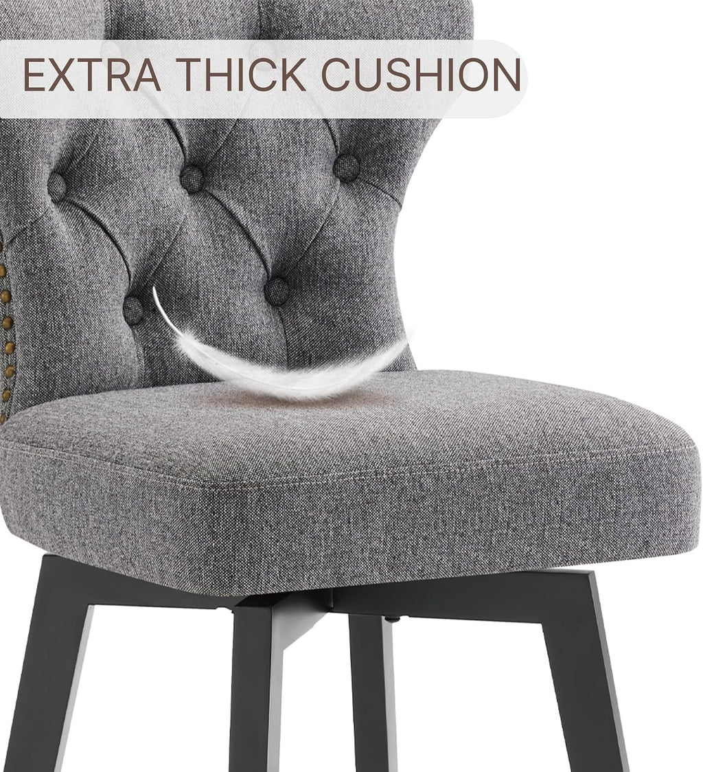 Counter Height Barstools 26 inch Upholstered Button Tufted Swivel Bar Stools with Back and Wood Legs for Kitchen Island,Set of 2,Grey-Nailhead Trim