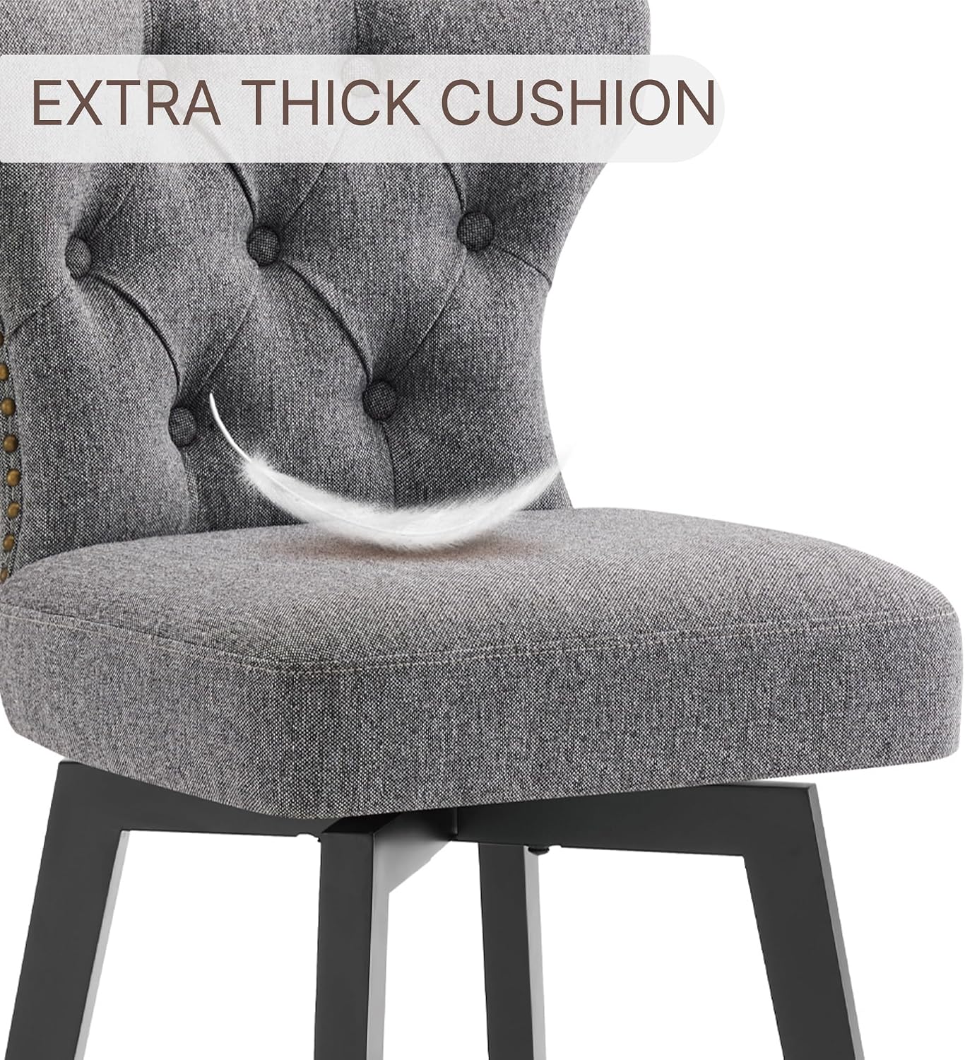 Counter Height Barstools 26 inch Upholstered Button Tufted Swivel Bar Stools with Back and Wood Legs for Kitchen Island,Set of 2,Grey-Nailhead Trim