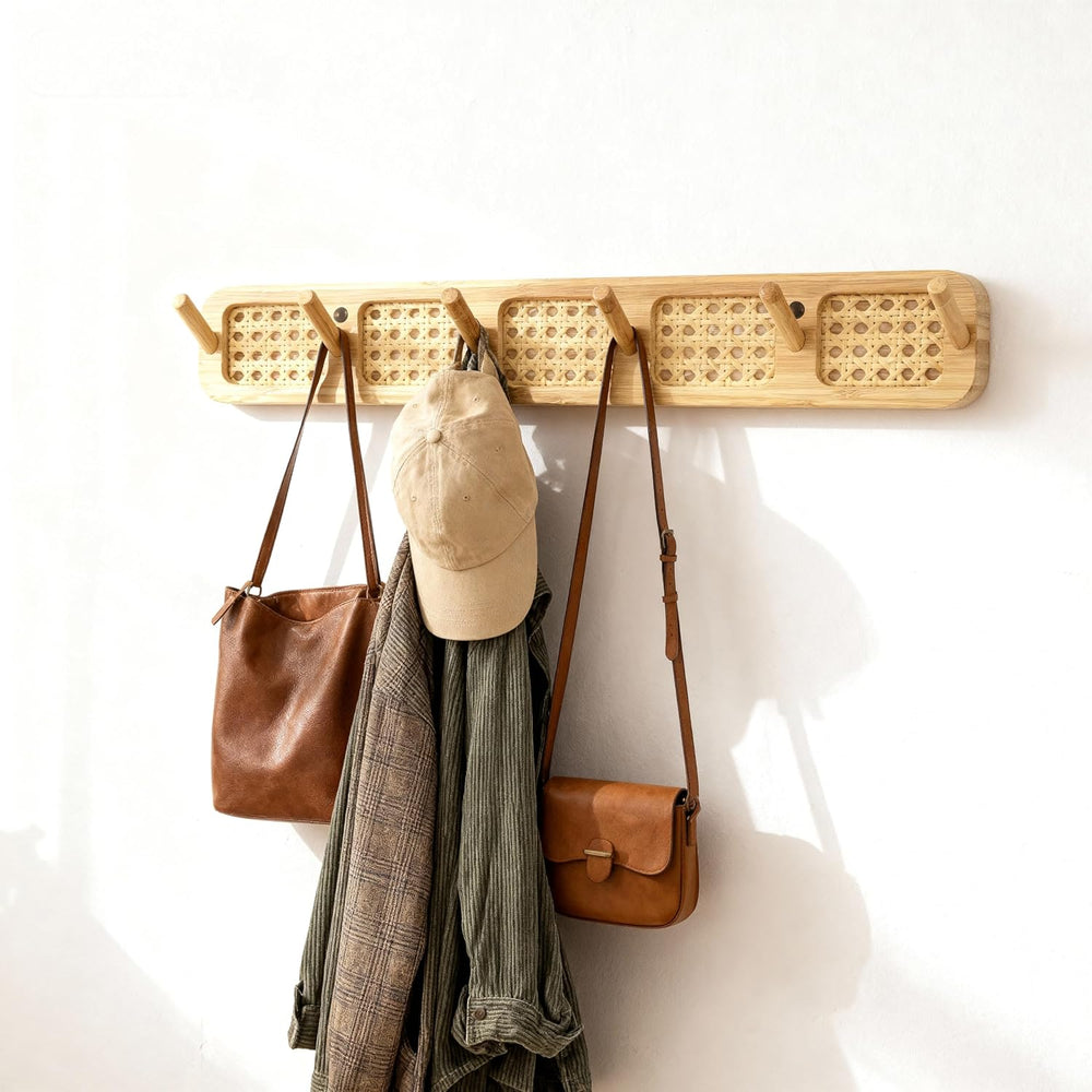 Wall Mount Coat Rack, 17in Sturdy Modern Rattan Hooks Set of 2