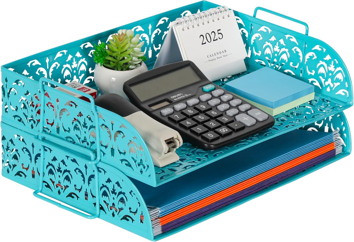 EasyPAG Paper Organizer for Desk 2 Tier Stackable Paper Tray for A4 Legal Size Folders Metal File Storage Desktop Organizer for Home Office School Teacher, Dark Teal