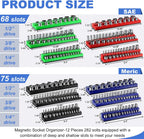 12 Pcs Magnetic Socket Organizer Set Compatible with SAE and Metric Magnetic Holders 1/4'', 3/8'', 1/2'' Drive Socket Trays Hold 286 Standard and Deep Size, No Sockets(Colors A)
