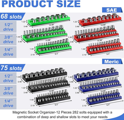 12 Pcs Magnetic Socket Organizer Set Compatible with SAE and Metric Magnetic Holders 1/4'', 3/8'', 1/2'' Drive Socket Trays Hold 286 Standard and Deep Size, No Sockets(Colors A)