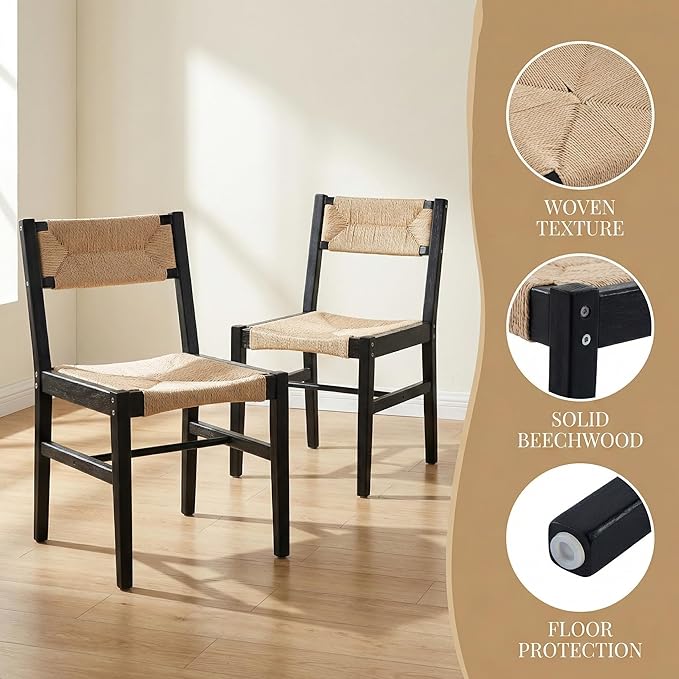 Mid Century Modern Rattan Dining Chairs Set of 2 Black Beechwood Kitchen Chairs Farmhouse Woven Dining Room Chairs Armless Boho Cane Wicker Chair Wooden Dining Chairs with Weave Hemp Seat and Backrest