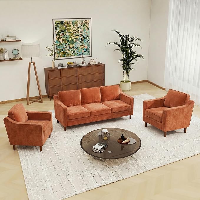 Kingfun Living Room Furniture Sets, 3 Seater Couch and Armchair, Mid Century Modern Sofa Set, Chenille Couch with Solid Wood Frame for Living Room & Bedroom, Orange