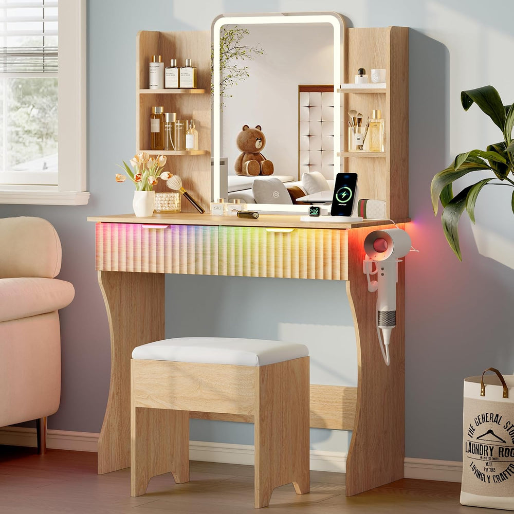 Vanity Desk with LED Lights Mirror & Power Outlet, Small Makeup Vanity Ta...