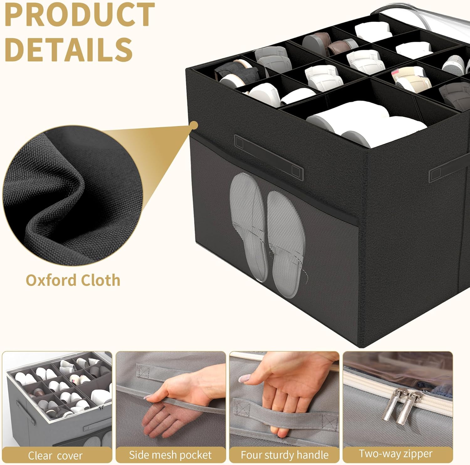 Shoe Organizer for Closet, 2-Pack Fabric Shoe Storage Box with Clear Lid & Adjustable Dividers, Holds 16-32 Pairs, Space Saving Shoe Storage Bins with Mesh Pockets, Black