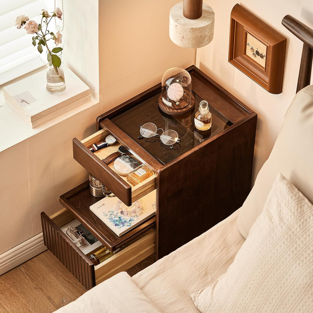 Solid Wood End Table with Glass Top and Drawers, Narrow Nightstand with Pull-...