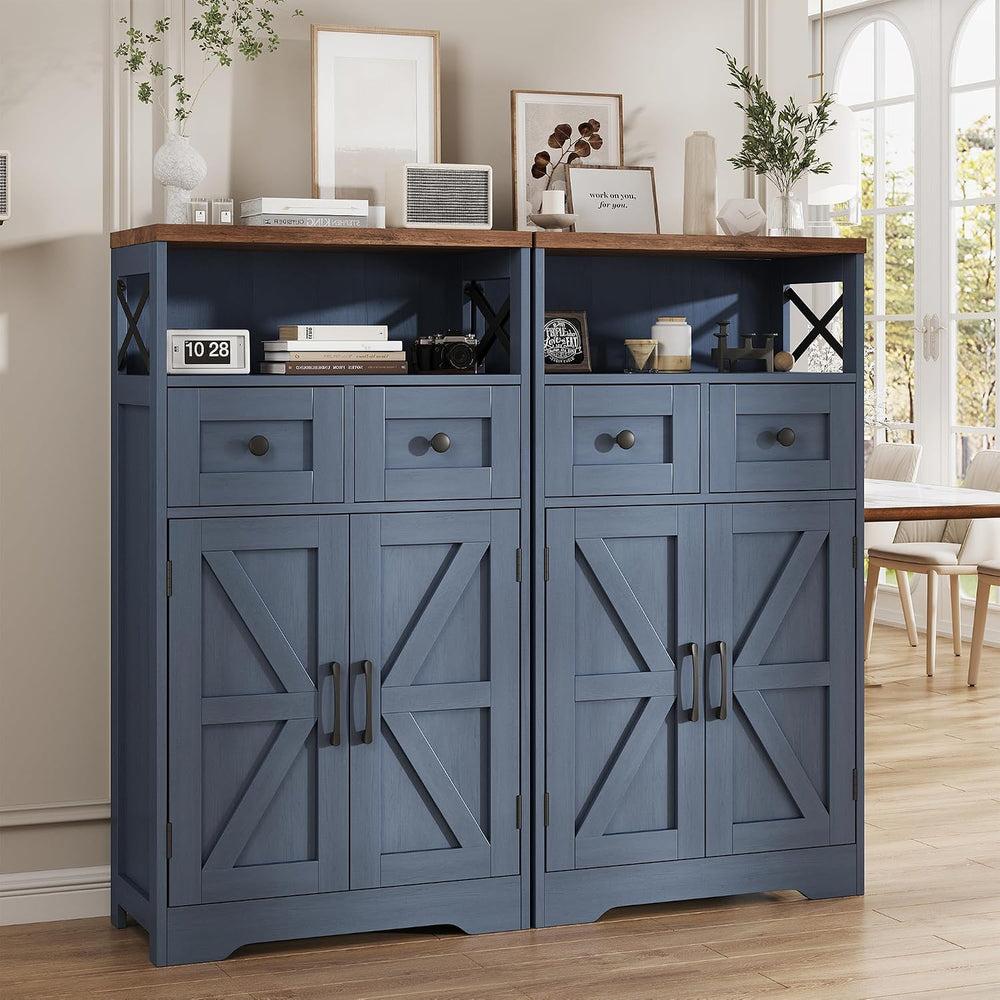 FiveWillowise Farmhouse Blue Storage Cabinet with Barn Doors and Drawers, Sma...