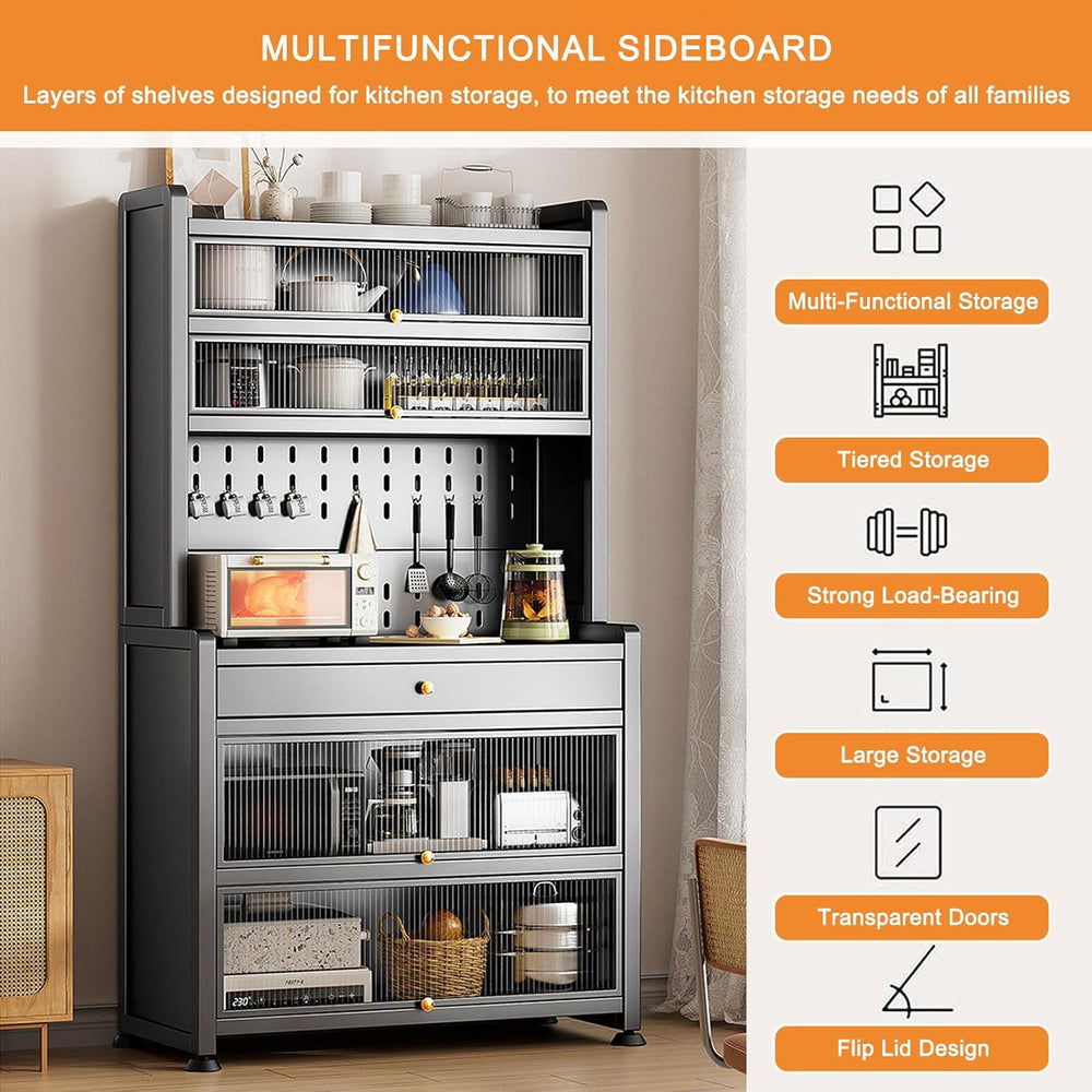 White Kitchen Pantry Cabinet with Microwave Stand Drawer Wheels and Ample Sto...