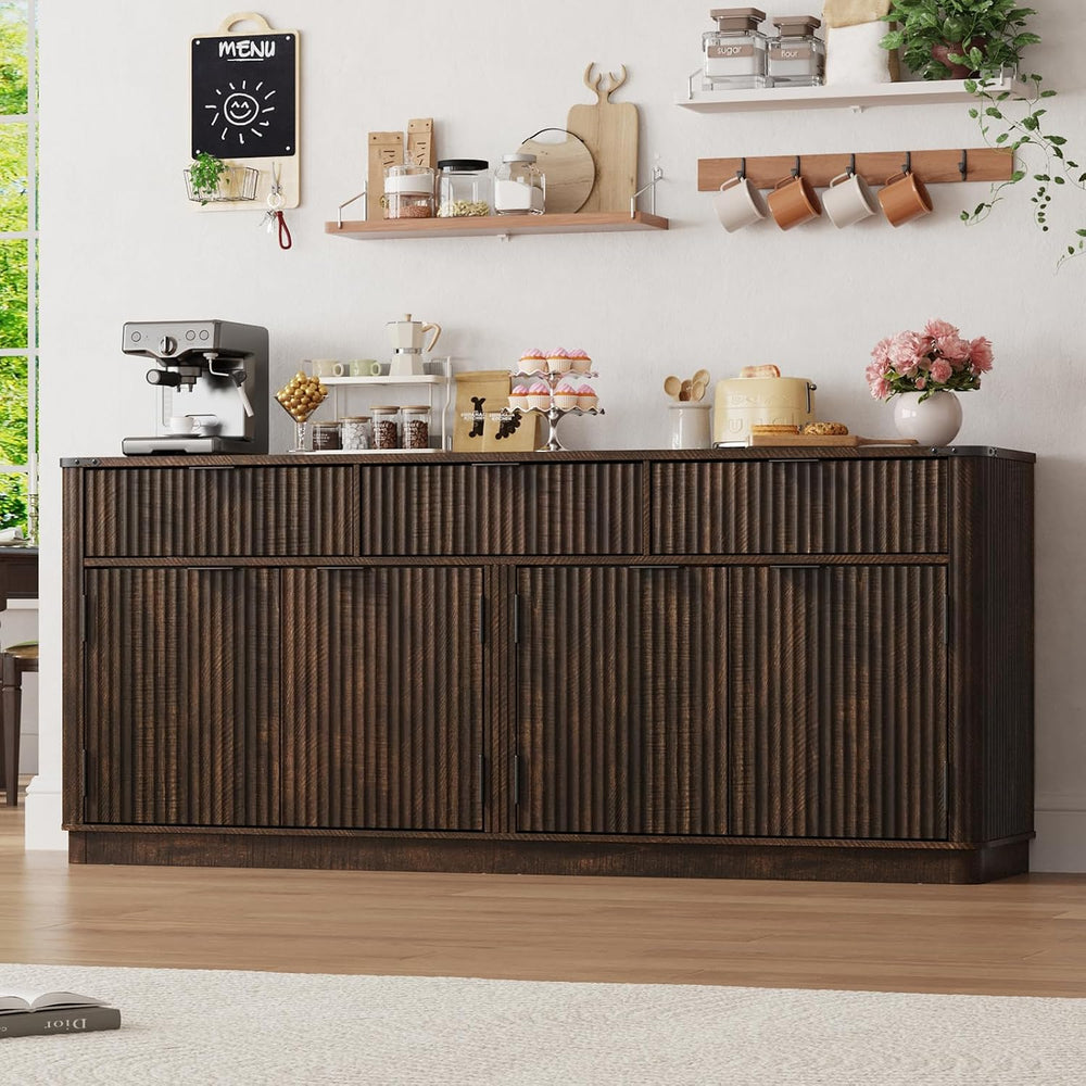 70” Rounded Edge Large Sideboard Buffet Cabinet with 3 Storage Drawers,Farmho...