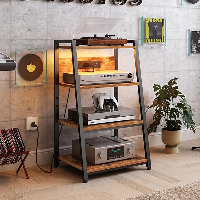 HOOBRO 4-Tier AV Media Stand with Charging Station and LED Light, Wooden Stereo Cabinet, Audio Tower Rack, Corner TV Stand, Record Player, Entertainment Device, Rustic Brown and Black BF106UDCJ01