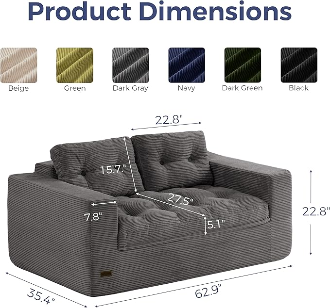 MAXYOYO 63" Loveseat Sofa Couch for Small Spaces, Upholstered Boneless Cloud Couch for Apartment Bedroom, 2-Seater Love Seat Floor Modern Sofa with Pillows, No Assembly Required, Dark Grey