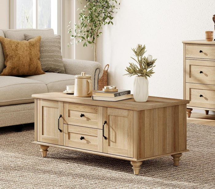 WAMPAT Oak Coffee Table with Drawer & Storage Cabinet, Farmhouse Rustic Center Table for Living Room, Rectangle Wooden Cocktail Table Tea Table for Home, Office