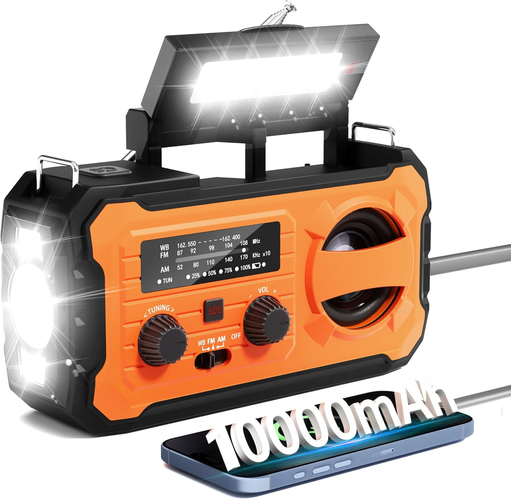 Hand Crank Emergency Radio 10000mAh Weather Radio with AM/FM/NOAA, Orange
