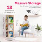 Rotating Kids Bookshelf – 3-Tier 360° Spinning Bookcase Tower, Solid Pine Wood, 12 Cubbies, Toddler Bookshelf Organizer & Lazy-Susan Storage for Nursery, Classroom or Playroom (Natural Finish)