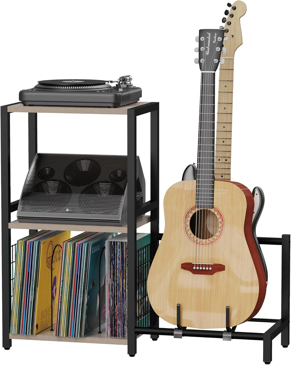 YAKANJ End Table with Guitar Stand,Record Player Stand,Vinyl Records Storage,...