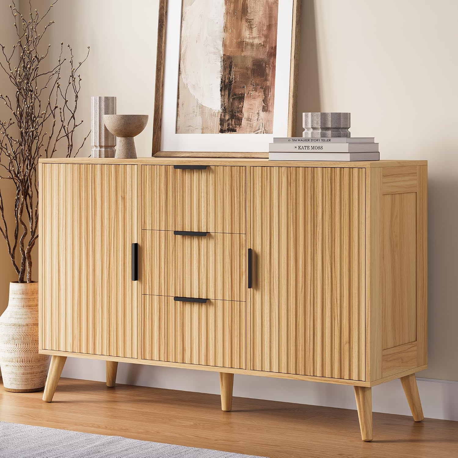47.2" Fluted Sideboard Buffet Cabinet with 3 Drawers, Modern Sideboard Cabinet with Storage, Large Storage Cabinets with 2 Doors Accent Credenza for Kitchen|Living Room|Entryway, Natural