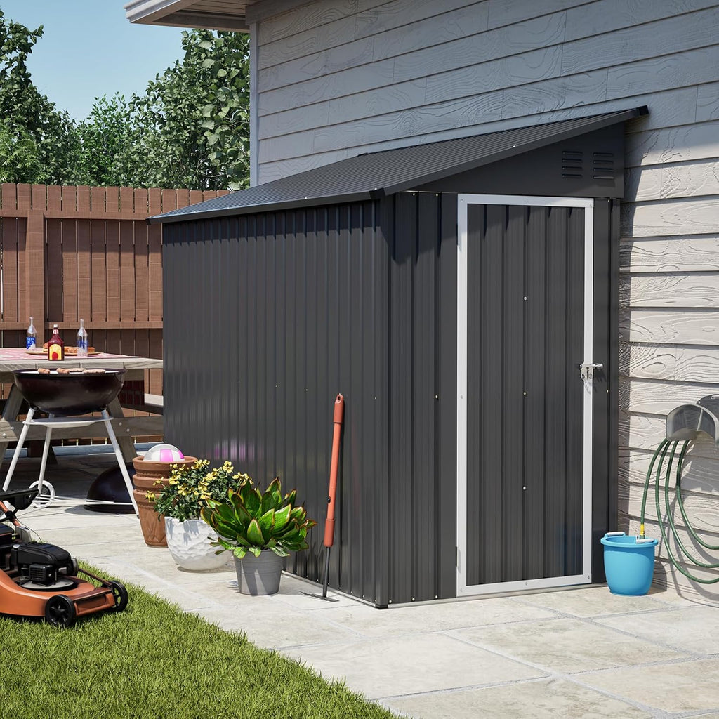 Outdoor Metal Storage Shed 4 x 8 ft, Garden Shed Lean to shed for Bike, Tool Outside Shed with Floor Base, Lock, Door for Backyard, Patio, Lawn, Black