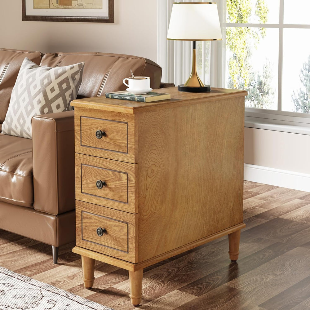 Tribesigns Solid Wood End Table, Fully Assembled Narrow Side Table with Drawe...