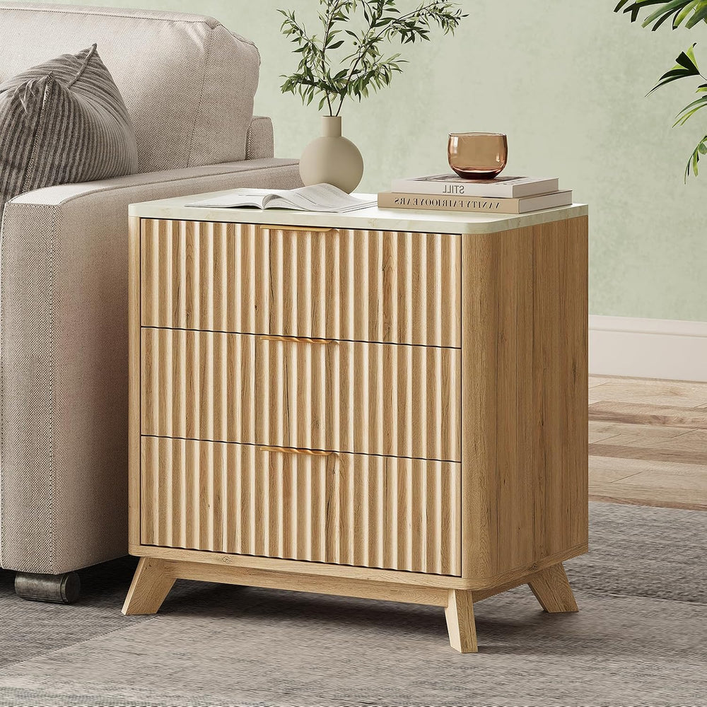 24" Tall 3 Drawers Fluted NightStand with Faux Marble Top,Natural Oak