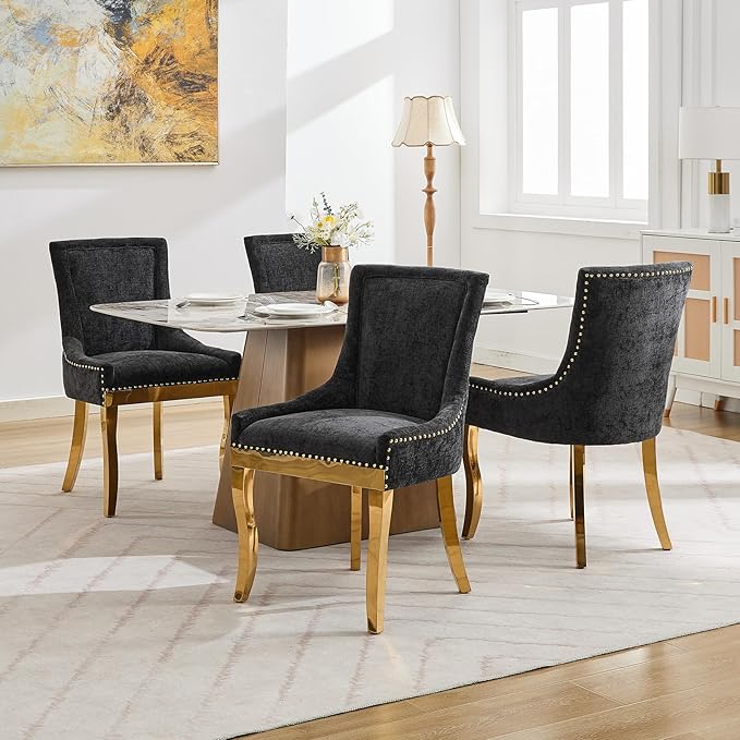 Dining Chairs Set of 2, Kitchen & Dining Room Chairs, Chenille Fabric Upholstered Dinning Chairs, Sillas De Comedor, Nailhead Trim, Metal Legs (Black, 2 Pcs)