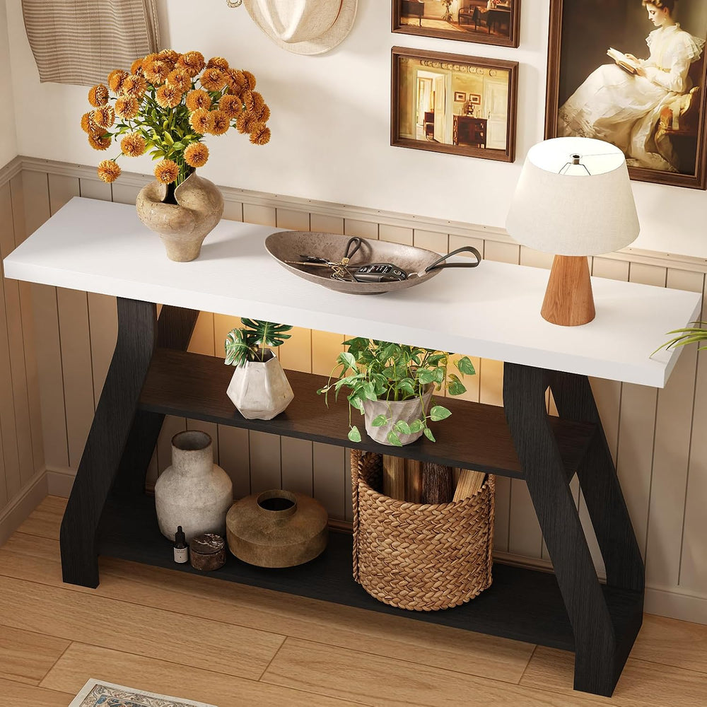 Console Table, 55-Inch Entryway Table with LED Light 3-Tier Narrow Wood Conso...
