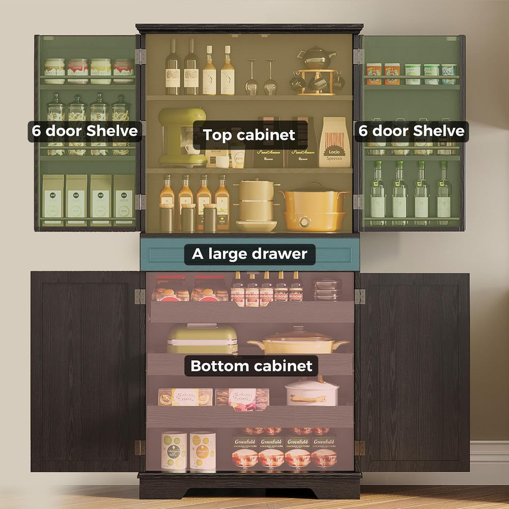 IRONCK 72" Farmhouse Kitchen Pantry Cabinet with Sliding Storage Rack,Bl...