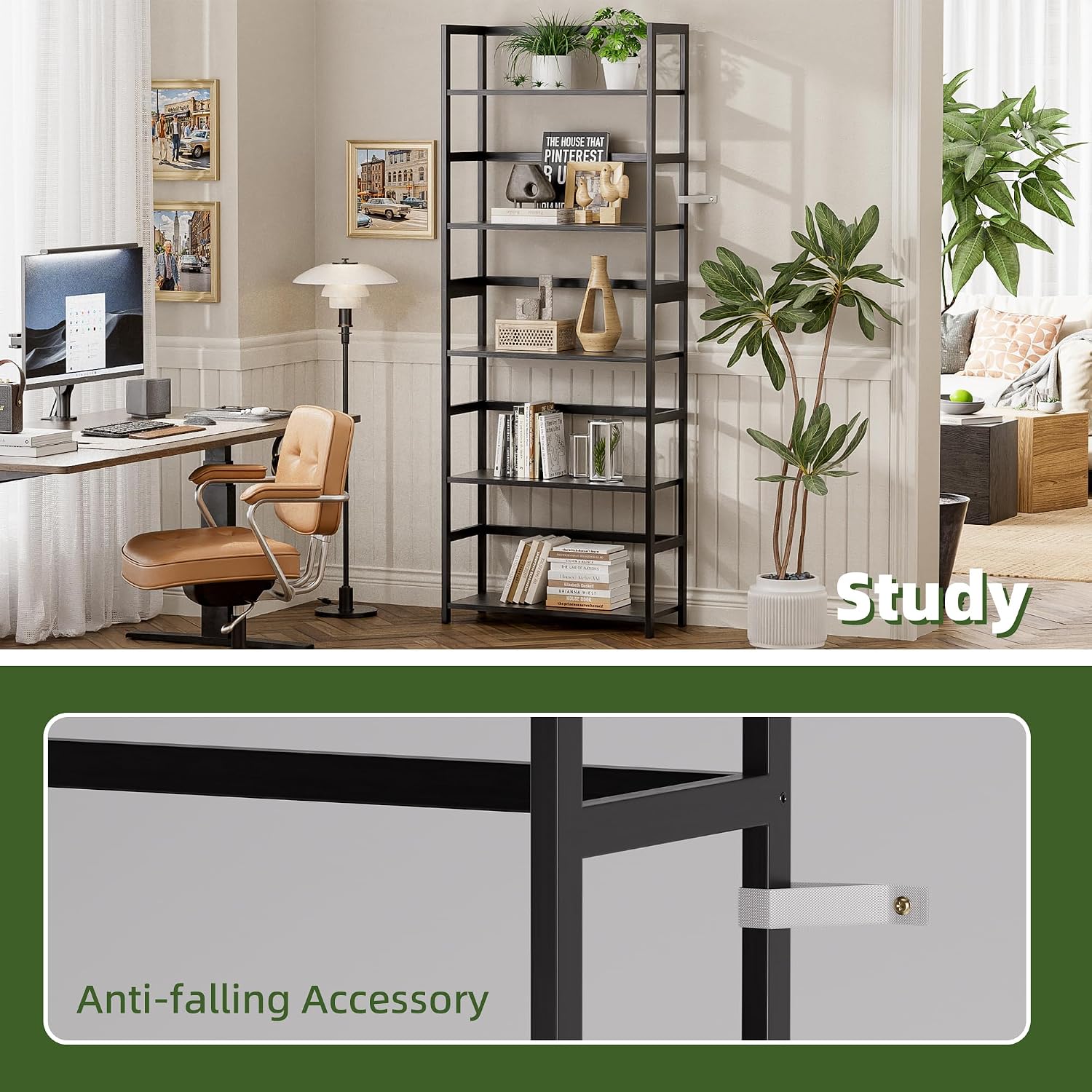 5-Tier Bamboo Wood Ladder Bookshelf, Tall Display Storage Shelf, Large Bookcase Modern Industrial Stand Organizer for Home, Office, Living Room, Kitchen, Bedroom, Black
