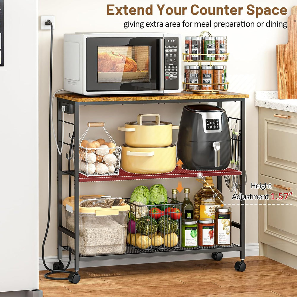 3 Tier Rolling Kitchen Microwave Cart with Power Outlet, 33 Inch Microwave Ta...