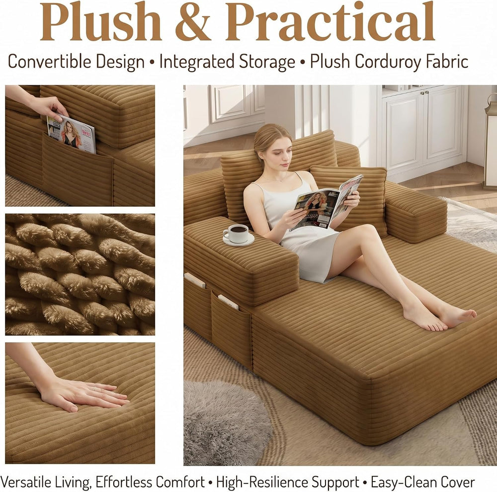 61 inch Floor Chaise Lounge Chair Indoor, Oversized Corduroy Lounge, Deep Sea...