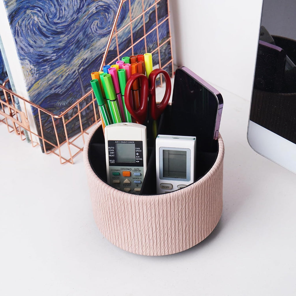 Round Leather Art Supply Organizer,Remote Control Holder,360 Degree Spinning,Multi-Functional Pencil Holder,4 Compartments Desktop Stationary Organizer(1-Wood Pink2)