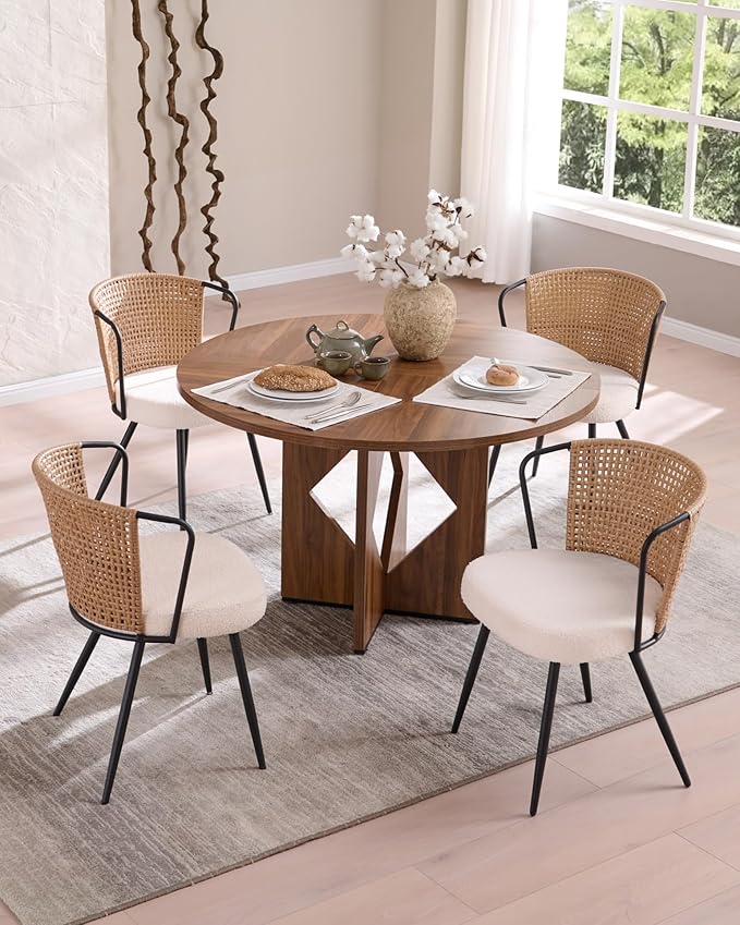 BedsPick Rattan Dining Chair Set of 6 - Farmhouse Upholstered Cane Back Kitchen Chair with Boucle Cushion, Wingback Dining Room Seat with Metal Legs for Home, Kitchen (Brown)